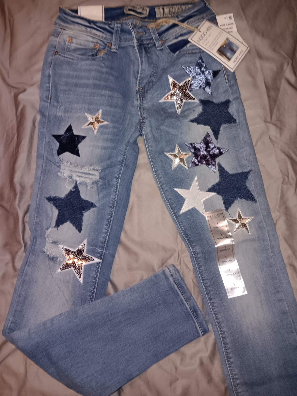 Indigo Rein Light Blue Skinny Jeans with Mixed Star Patches